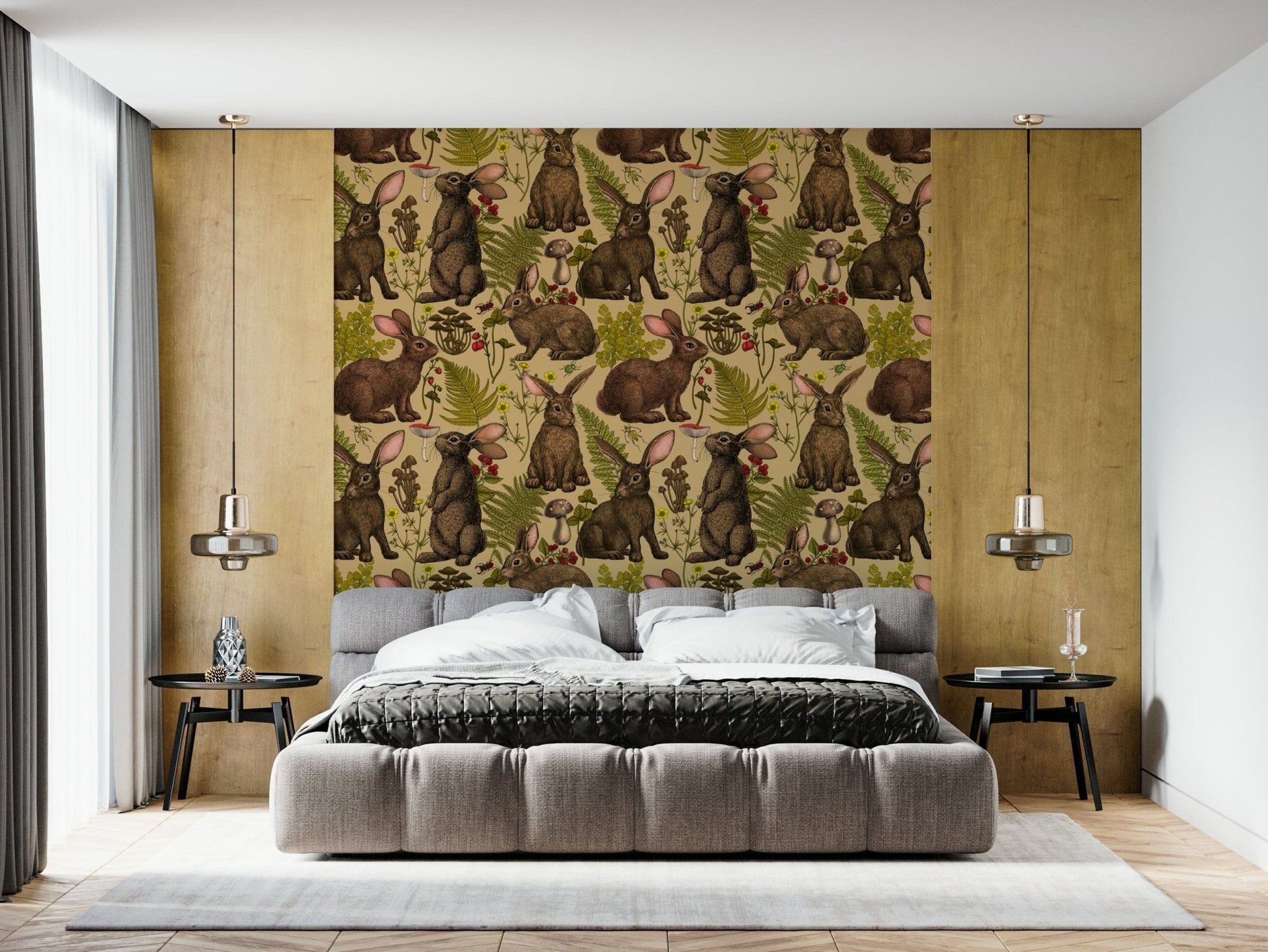 Rabbits and Woodland Flora Wallpaper – Whimsical wallpaper featuring cute rabbits among lush forest plants and flowers.