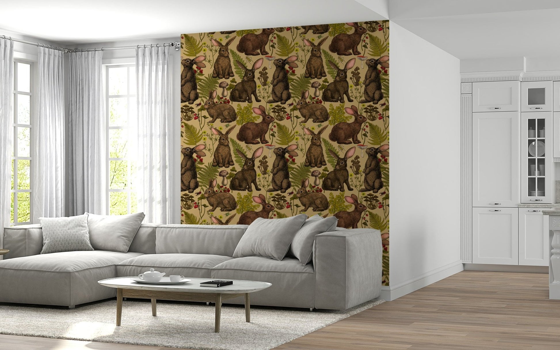 Rabbits in Forest Flora Wall Mural – Soft, nature-inspired design featuring gentle rabbits among woodland flowers.
