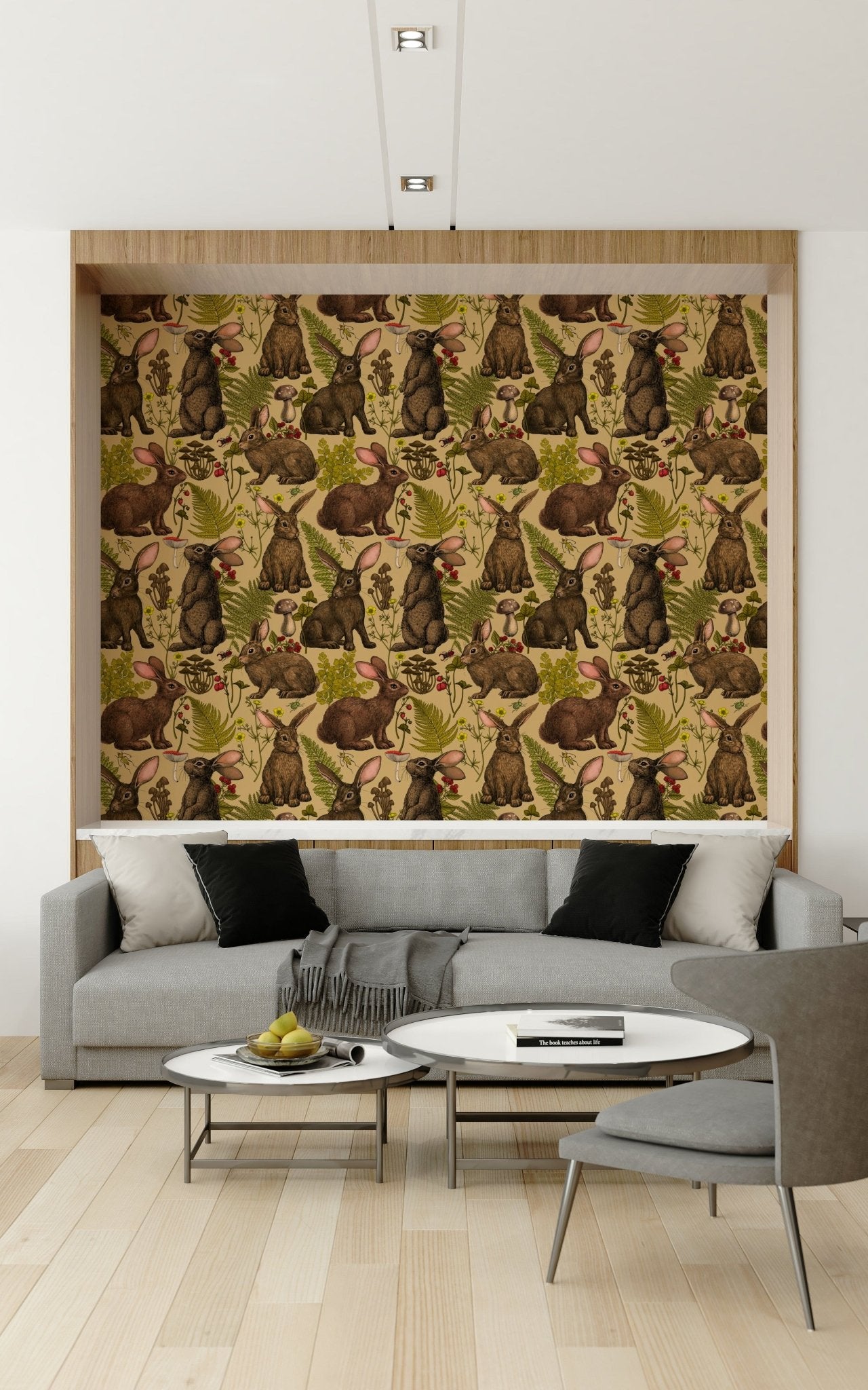 Forest Rabbit Wallpaper – Whimsical illustration of rabbits surrounded by woodland plants and wildflowers.