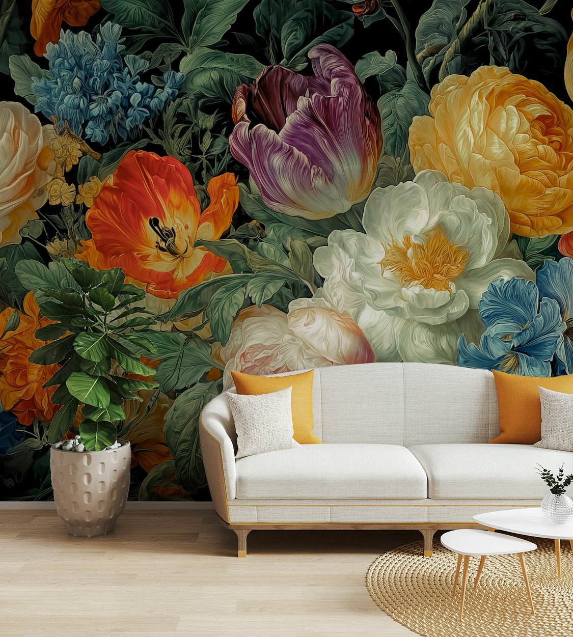 Lush, deep green foliage surrounds the flowers, creating a sense of abundance.
