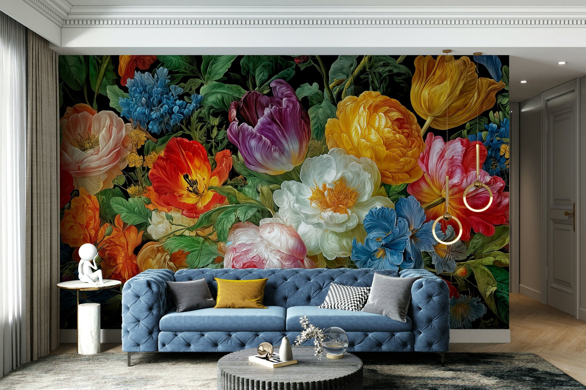 A minimalist interior with the floral-themed wallpaper.

