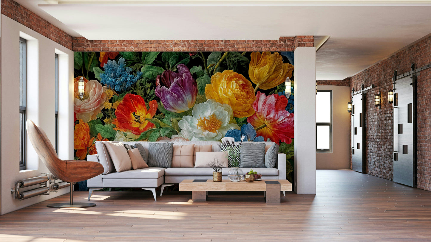 A living room featuring the floral wall mural.

