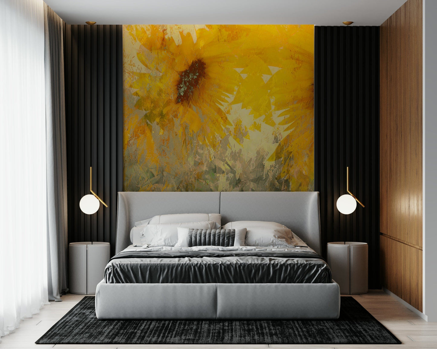 A peaceful modern abstract mural on decorative wallpaper.

