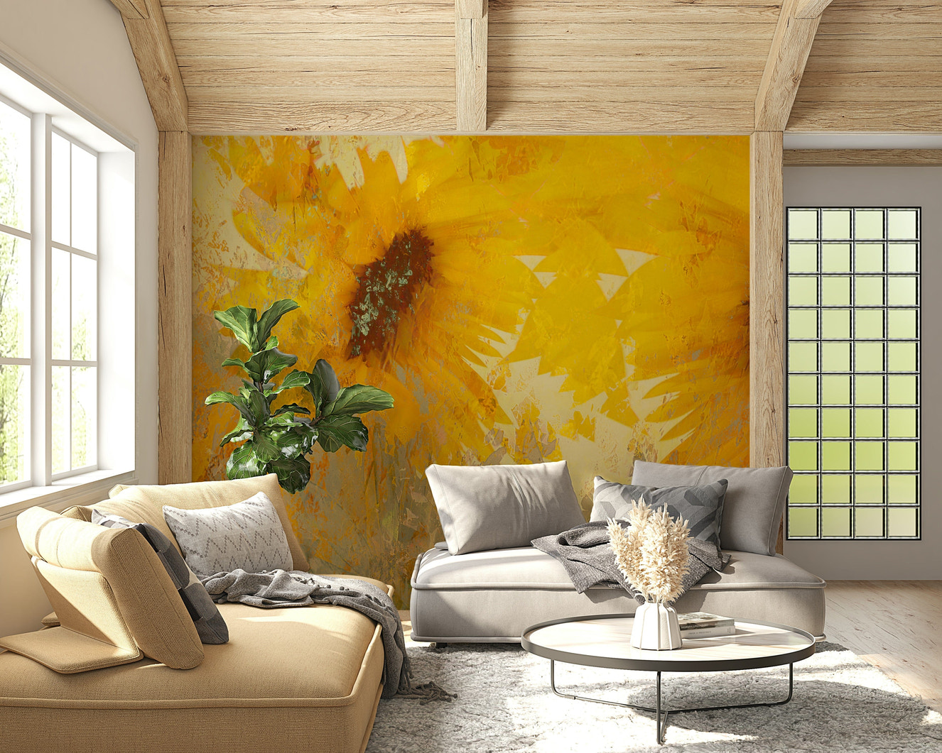 A beautiful golden bloom wallpaper mural for a modern home.

