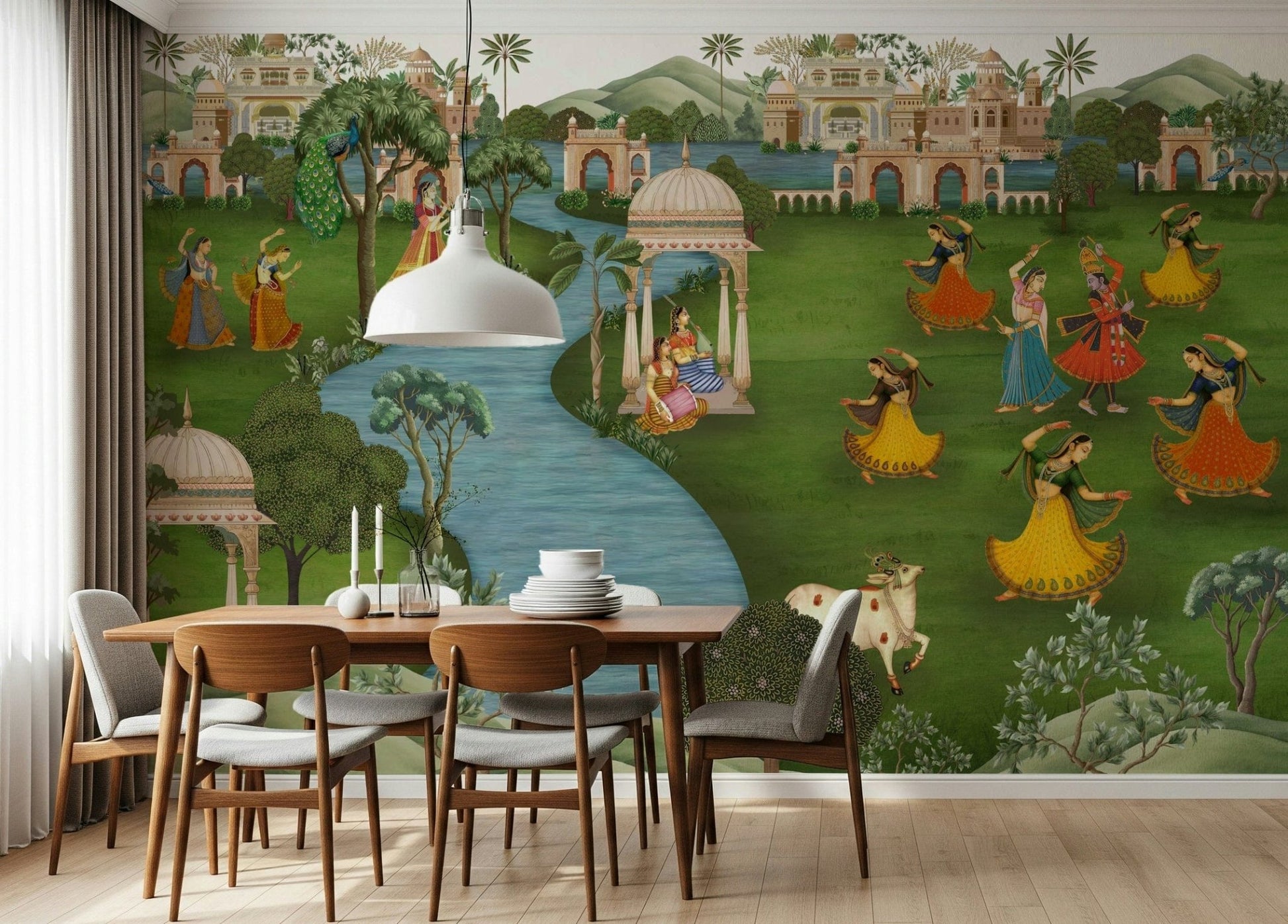 Artistic wall mural in meeting room, modern pattern in terracotta and beige, feature wall for video calls