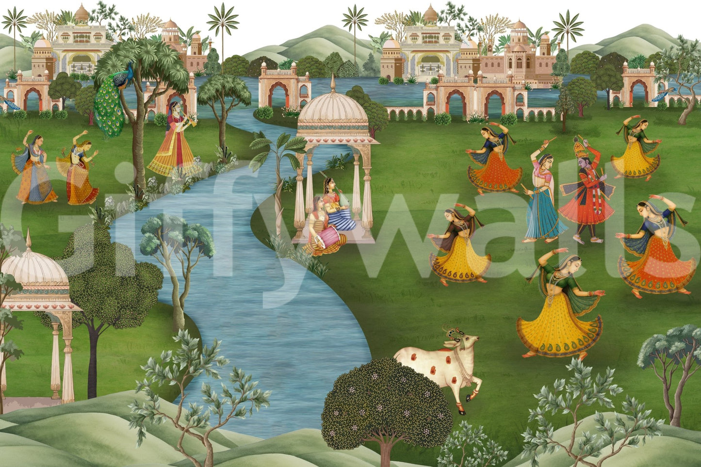 Contemporary wallpaper mural in bedroom, rhythmic shapes in warm tones, wardrobe wall backdrop