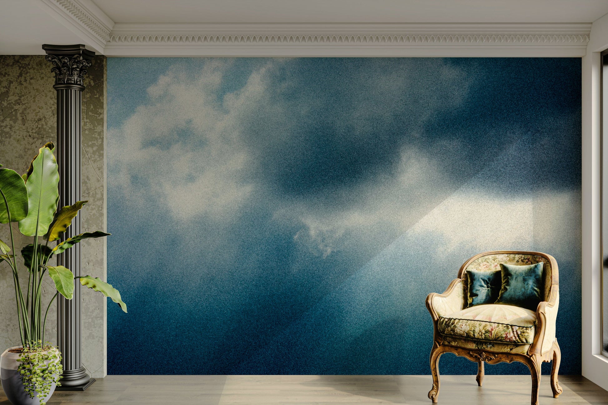 A graceful subtle water wall mural in cool, natural tones.

