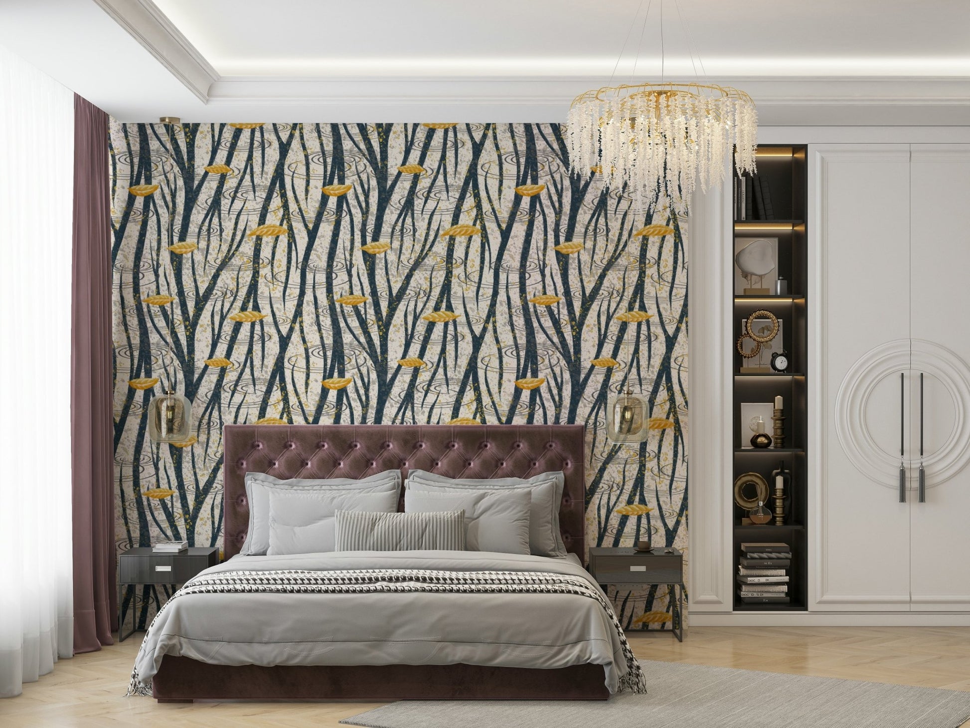 The room's lighting highlights the reflective, calm feel of the pattern.

