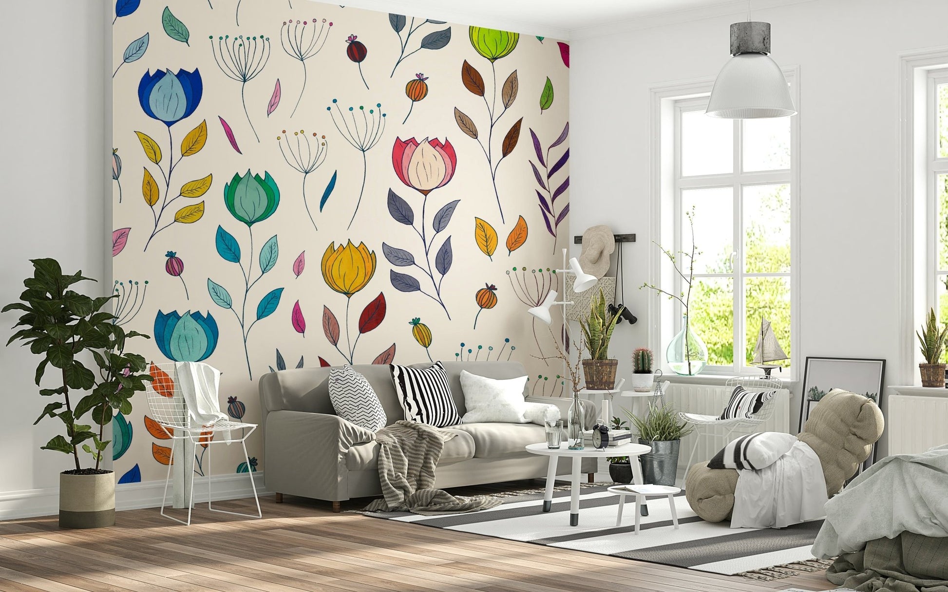 Hand-drawn flowers mural Rainbow Bloom Dance print.