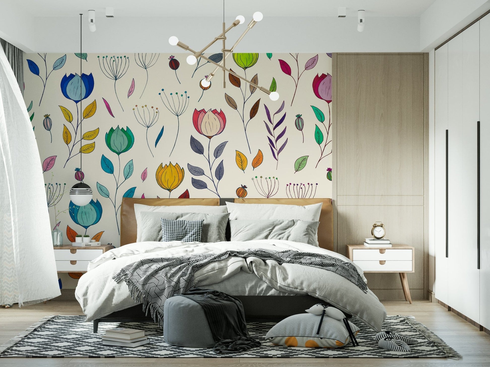 Rainbow Bloom Dance wallpaper mural vibrant floral pattern.