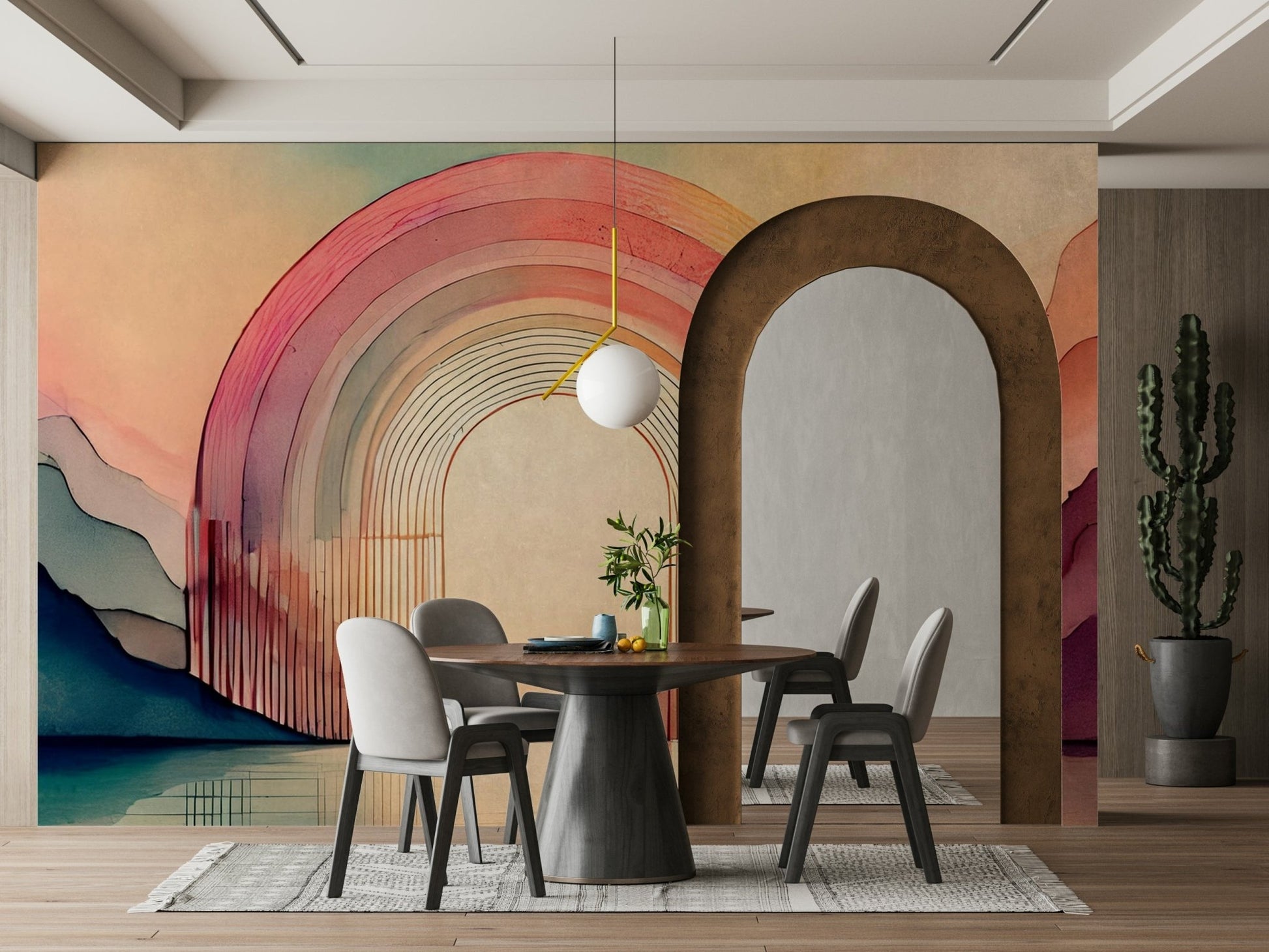 Uplifting rainbow arch design perfect for kids’ rooms or nurseries.

