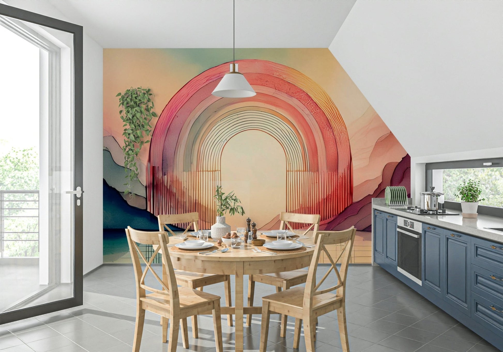 Cheerful and lively rainbow arches on the Rainbow Dream Arches mural.

