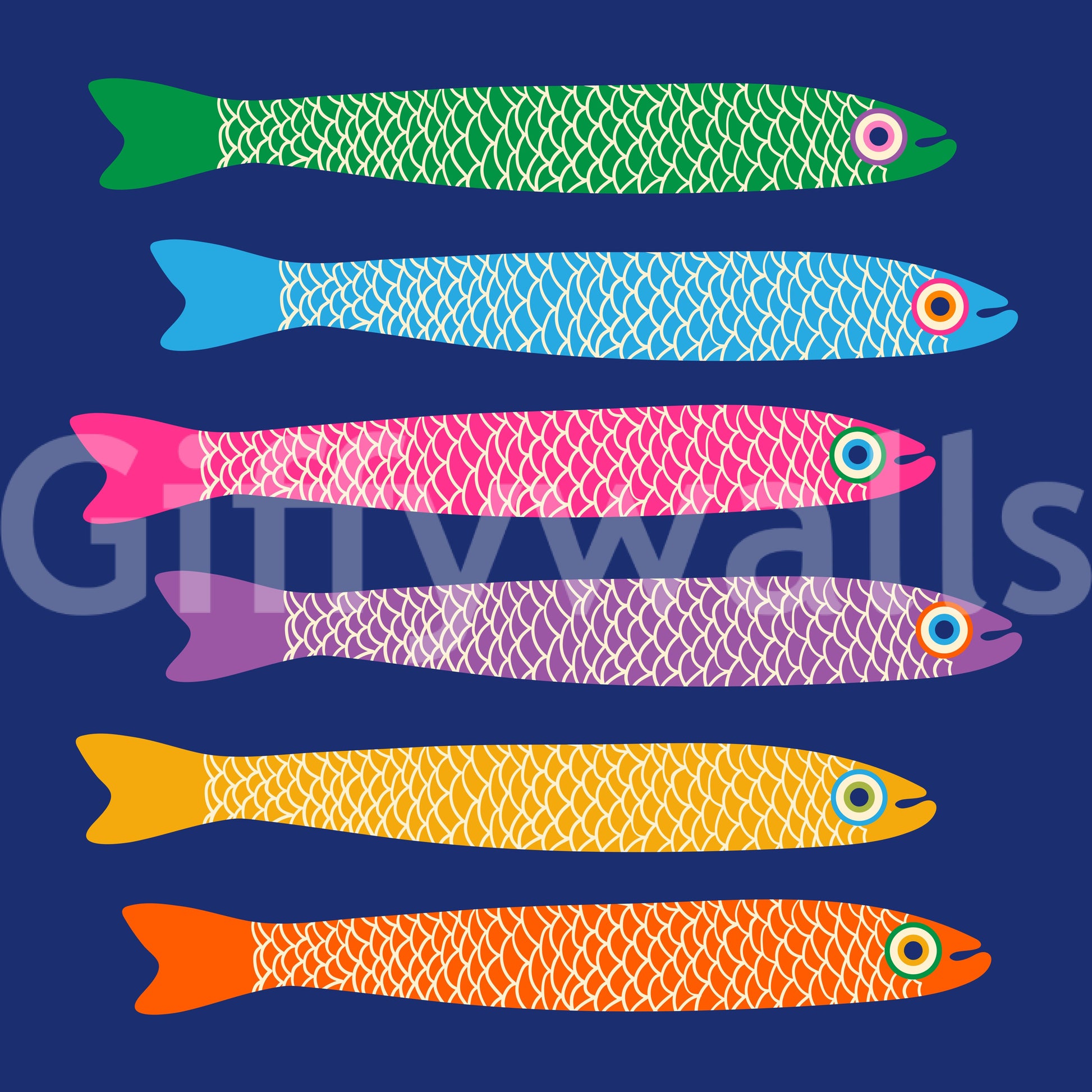 Whimsical fish mural in bright rainbow colors set on royal blue for bold interiors.

