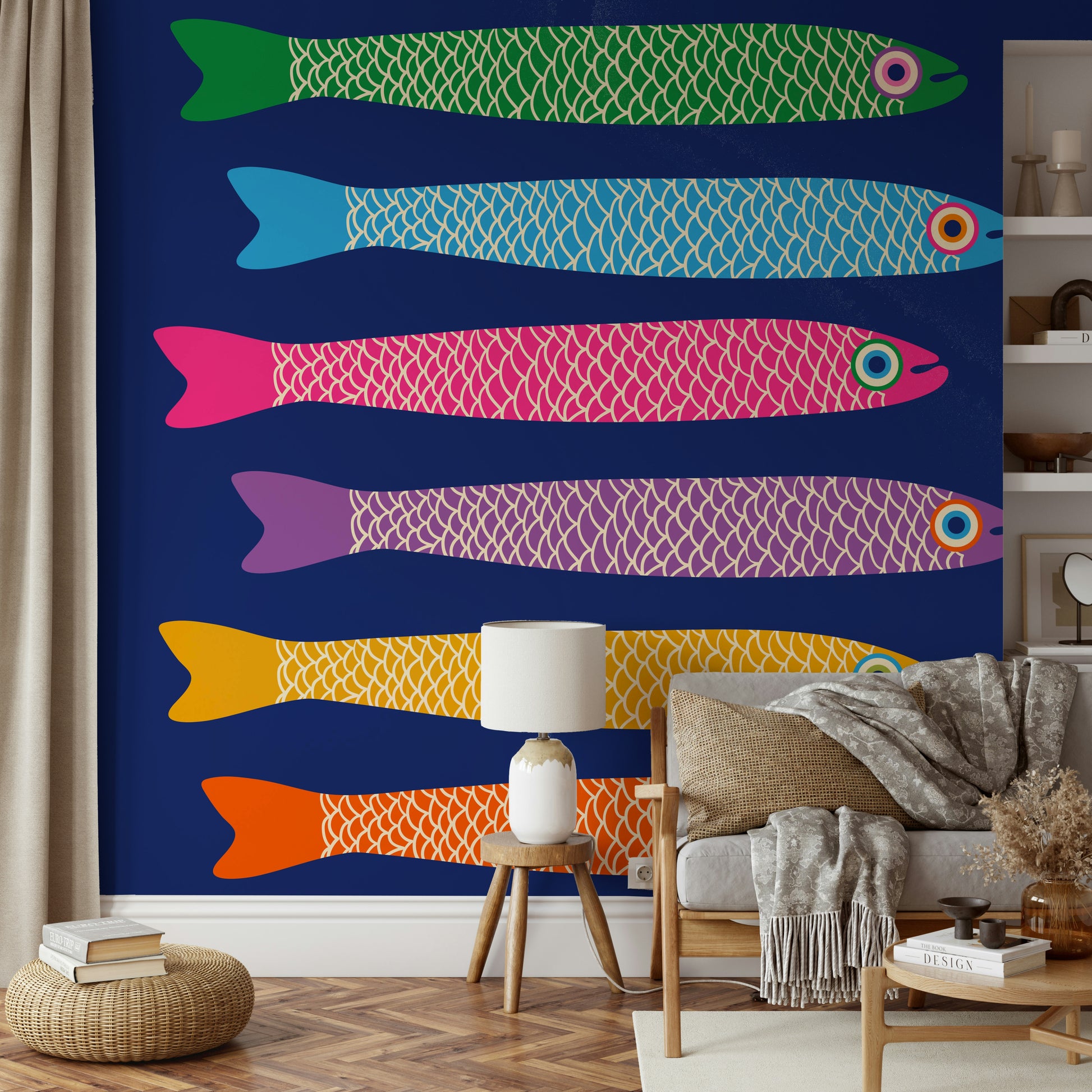 Anchovies Bright Rainbow Fish on Royal Blue Wall Mural with vibrant fish.

