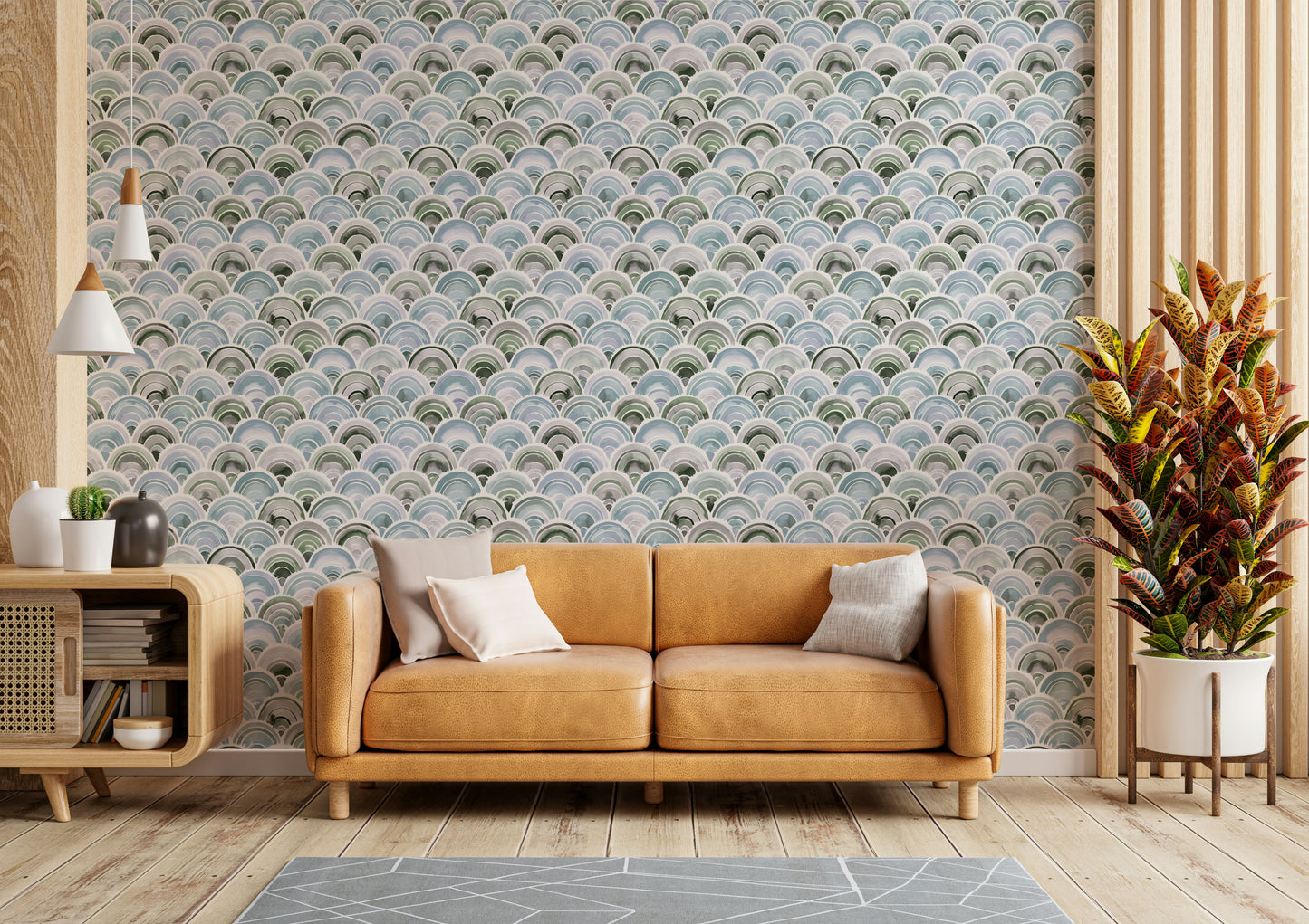 Scallop scale design wallpaper with rainbow tones

