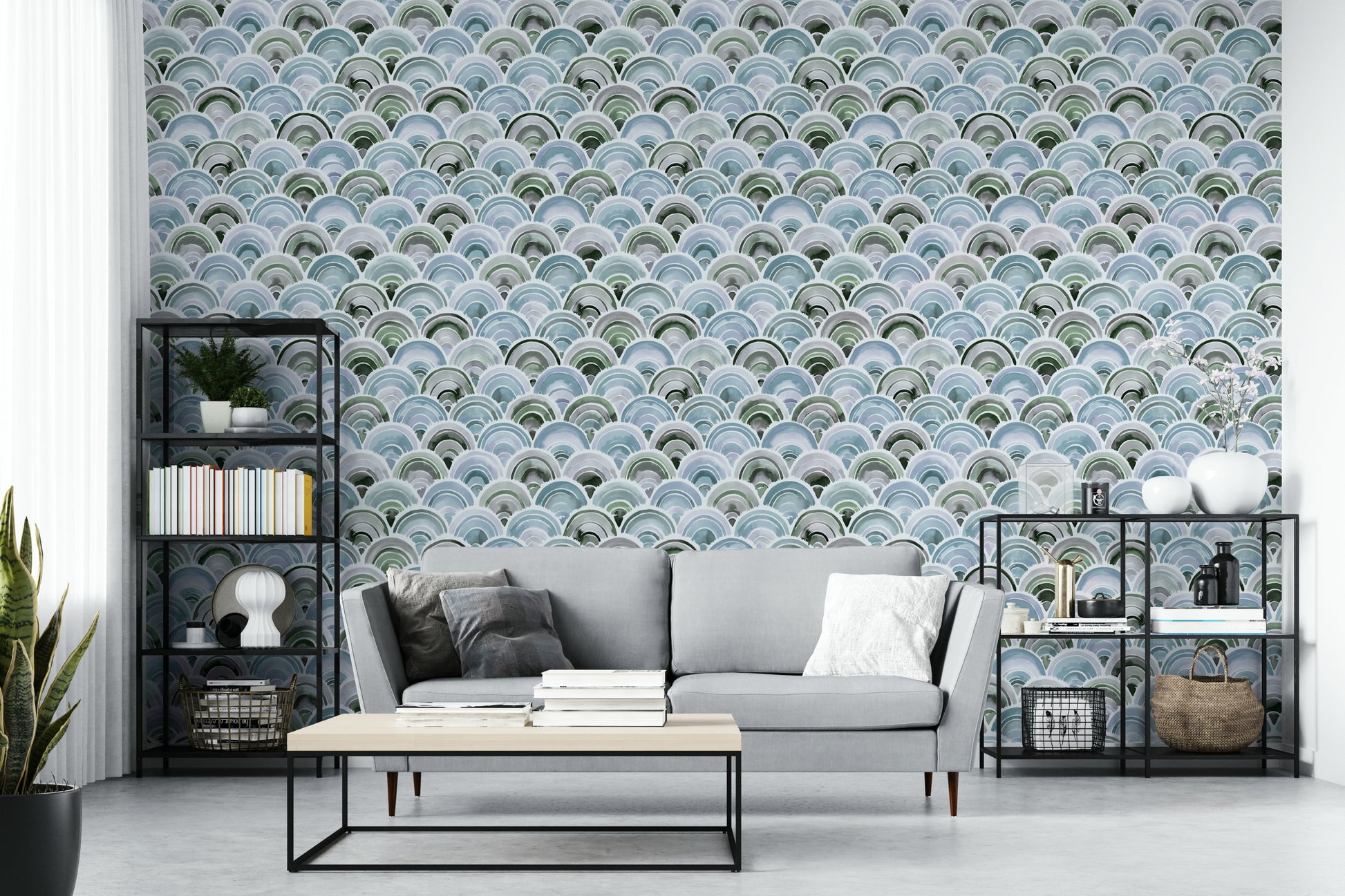 Colorful scale pattern wallpaper in rainbow hues

