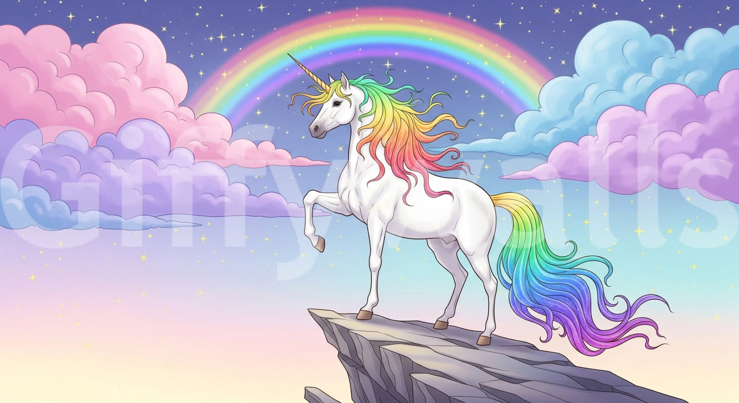 Kids room wallpaper for walls, vibrant unicorn Rainbow Majesty.