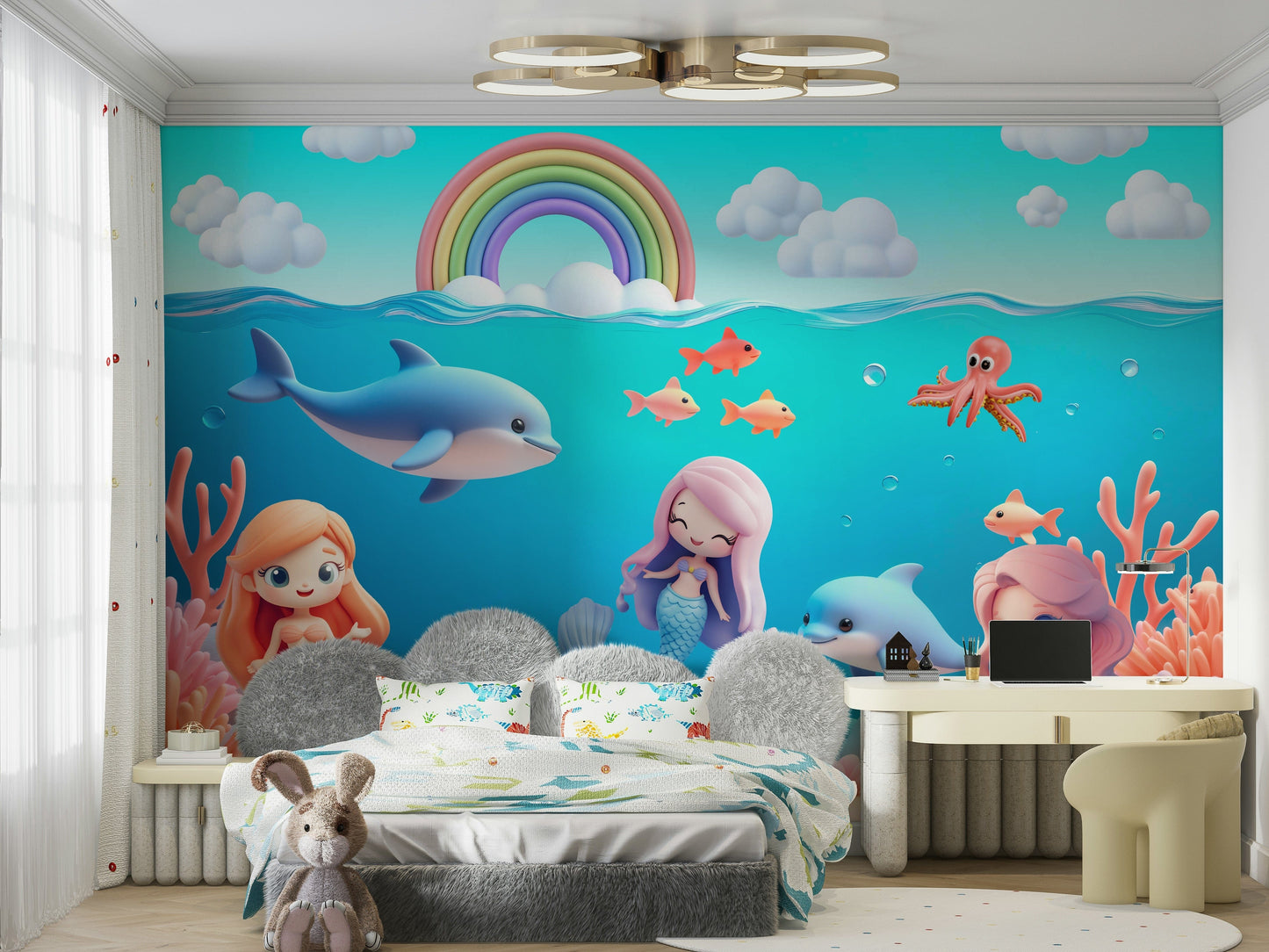 A cheerful wall mural with a whimsical, underwater design.

