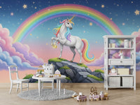 A peaceful wall mural with a whimsical unicorn scene.

