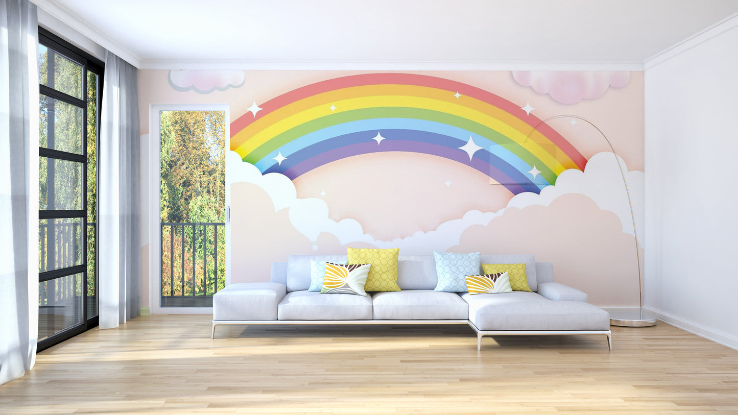 Colorful Rainbow wallpaper mural styled along a hallway feature wall near a console in a multicolour palette