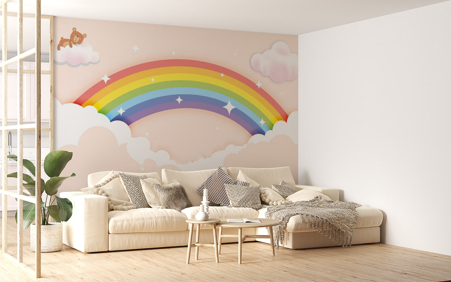 Colorful Rainbow wallpaper mural as a feature wall in a home office workspace in a multicolour palette