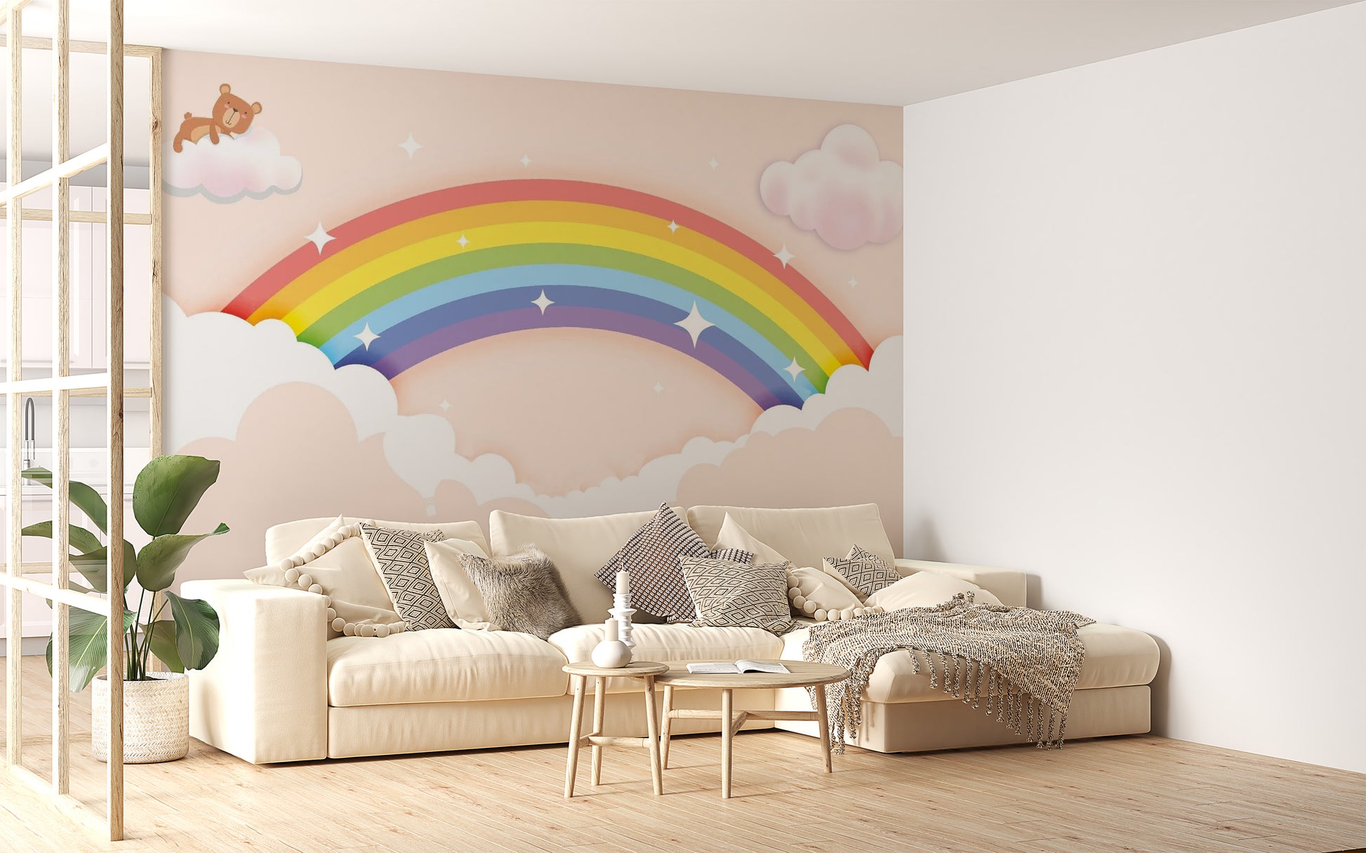 Colorful Rainbow wallpaper mural as a feature wall in a home office workspace in a multicolour palette