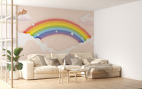 Colorful Rainbow wallpaper mural as a feature wall in a home office workspace in a multicolour palette