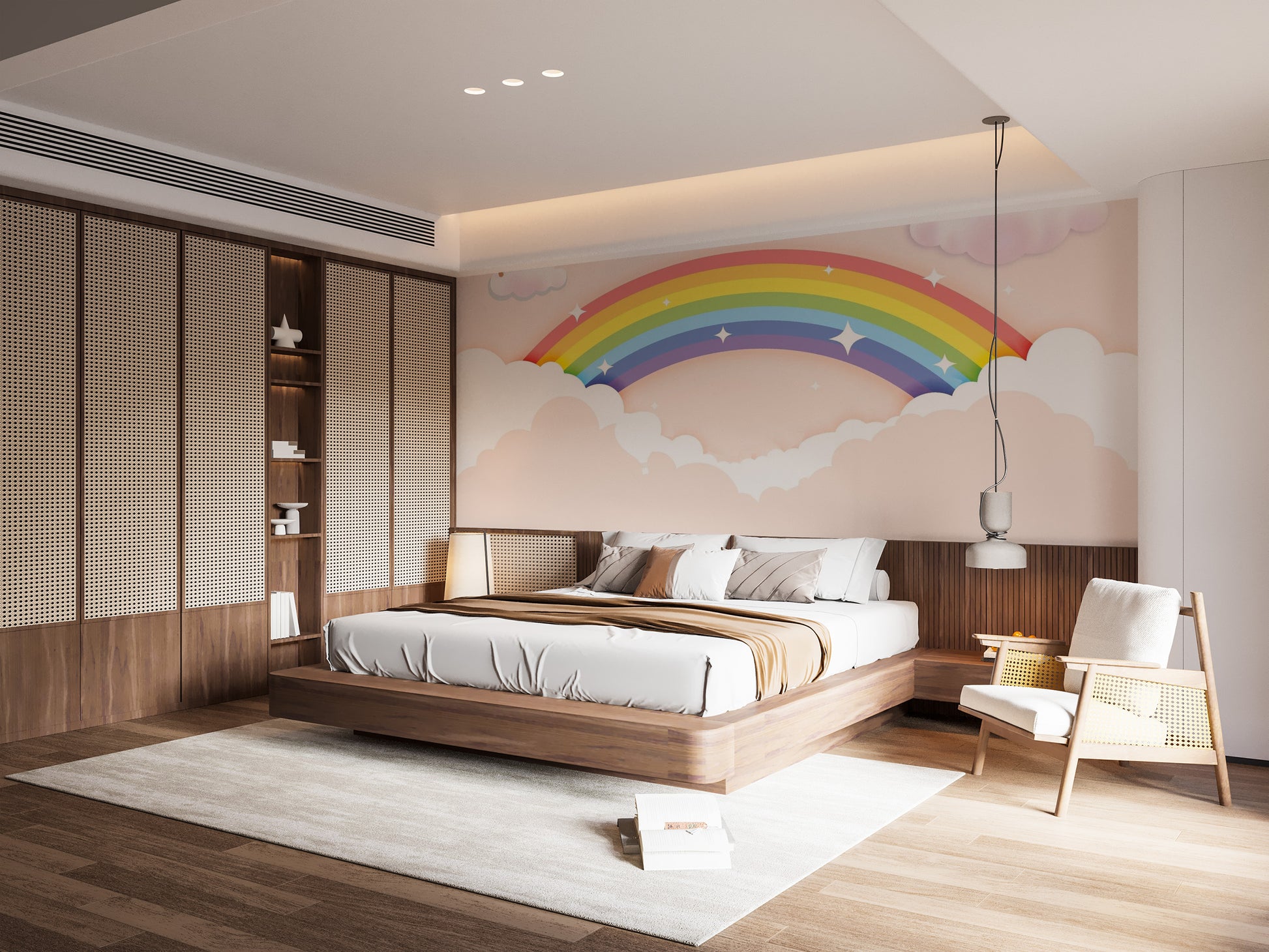 Colorful Rainbow wallpaper mural as a bedroom feature wall behind the headboard in a multicolour palette