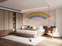Colorful Rainbow wallpaper mural as a bedroom feature wall behind the headboard in a multicolour palette
