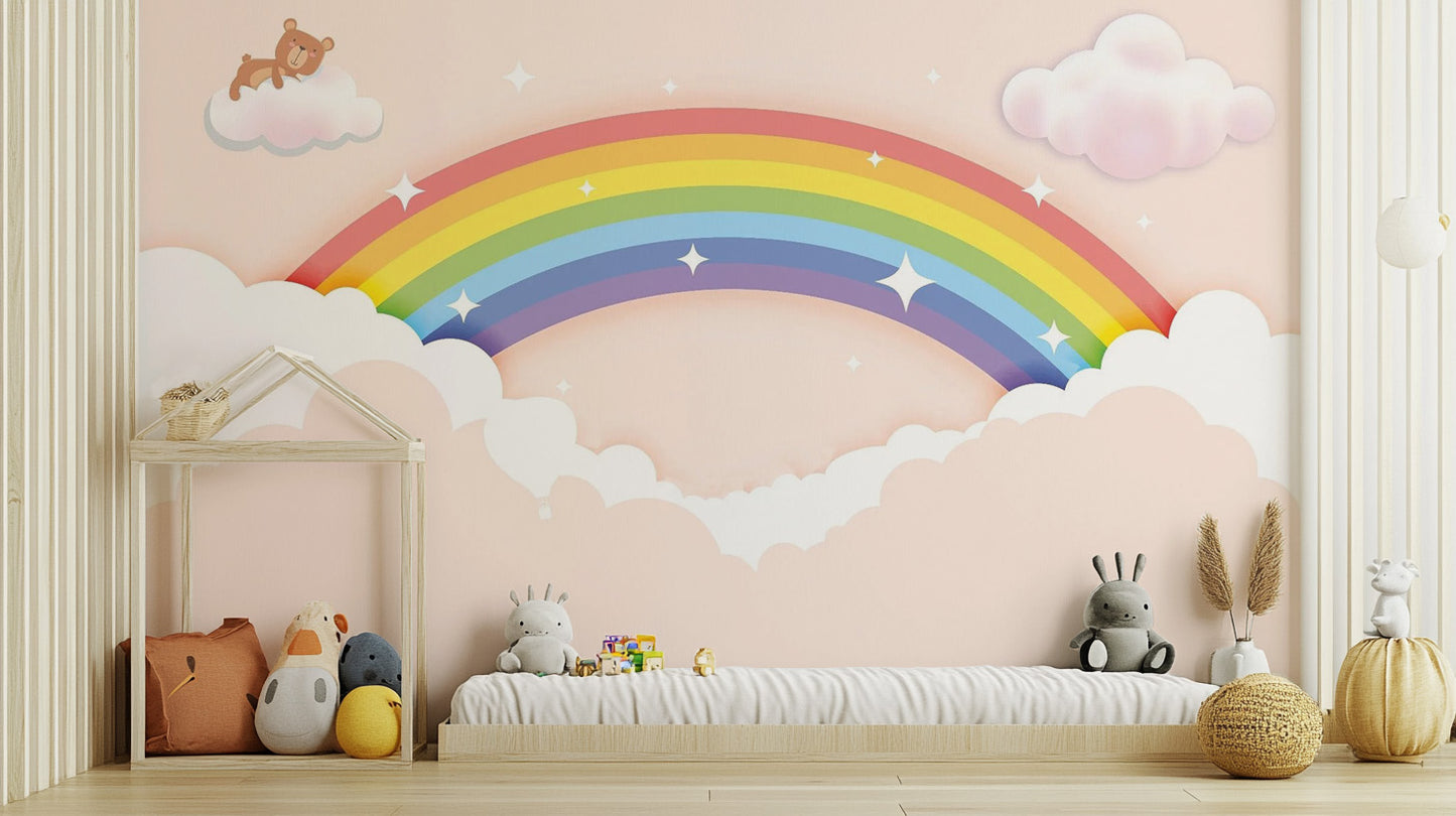 Colorful Rainbow wallpaper mural shown as a full feature wall that highlights the design