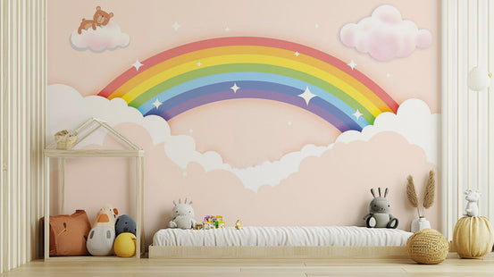 Colorful Rainbow wallpaper mural shown as a full feature wall that highlights the design