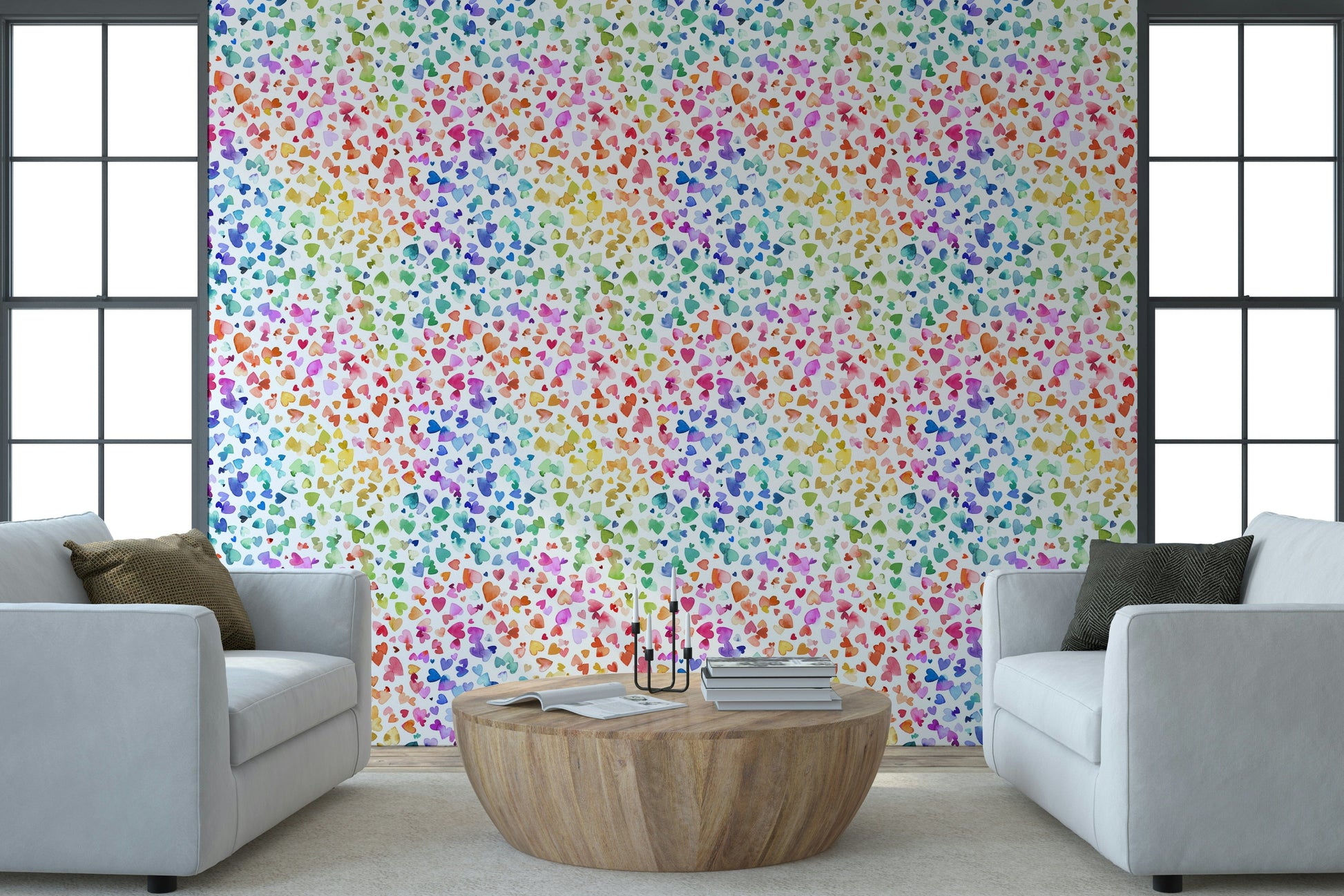 Subtle gray and blush heart wallpaper for a sophisticated master suite.