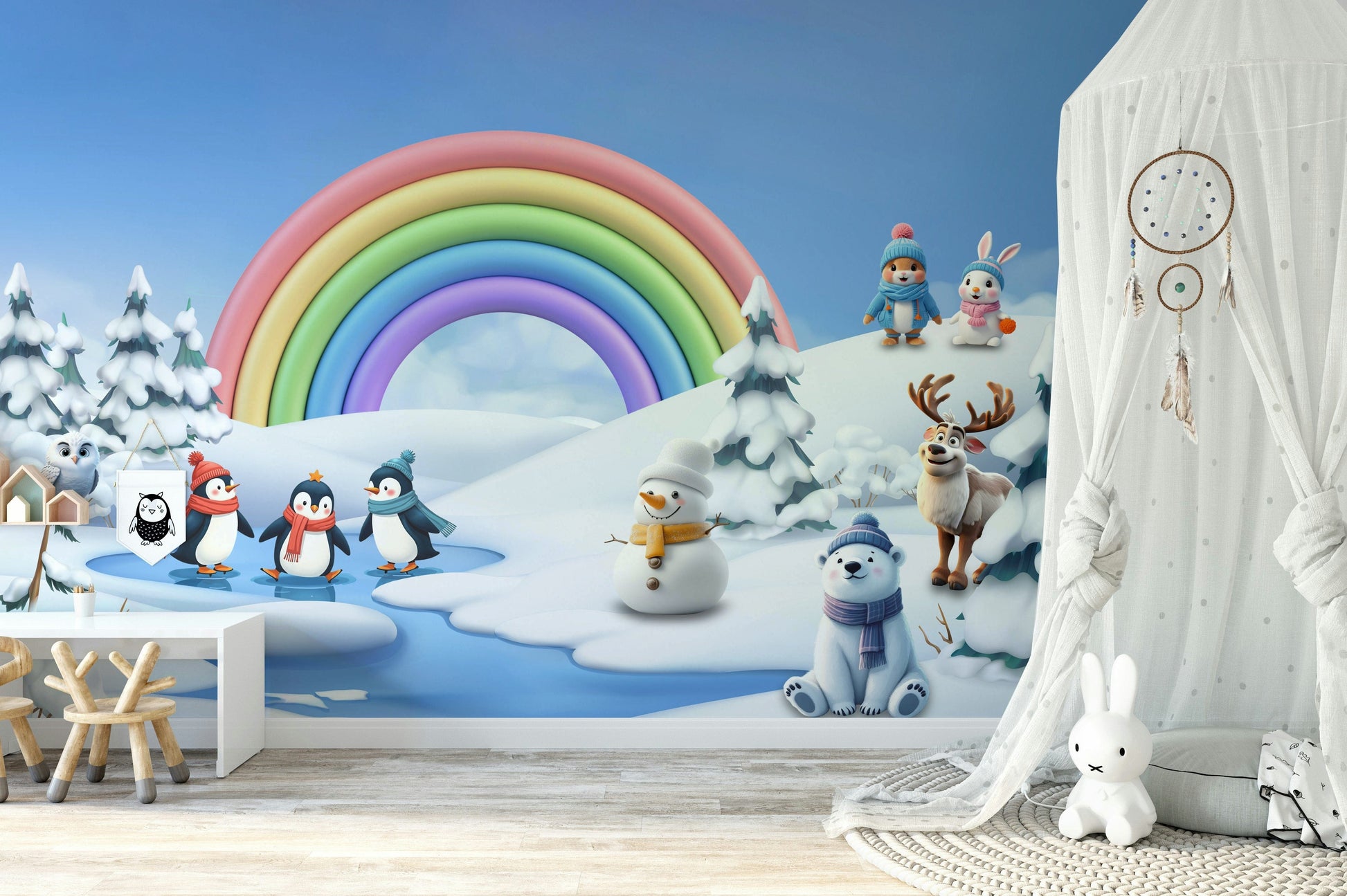 A peaceful wall mural with a whimsical, winter-themed design.

