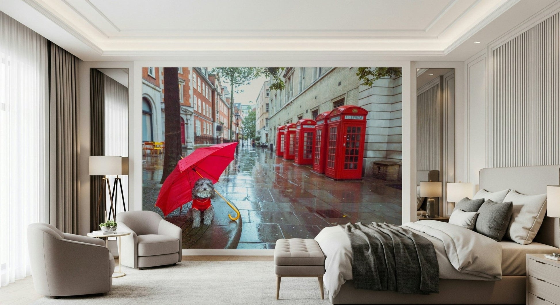 London atmosphere Rainy Day Pup wall mural, adorable pup shelter from drops.