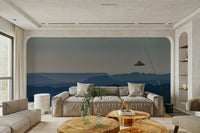 A peaceful crater view mural on decorative wallpaper.

