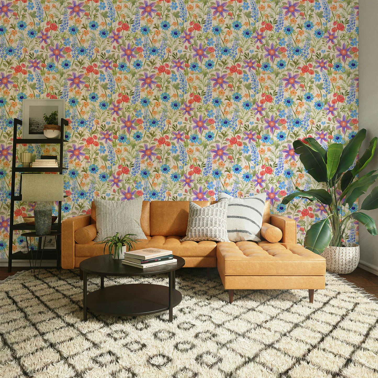 Retro-inspired offwhite wallpaper with florals

