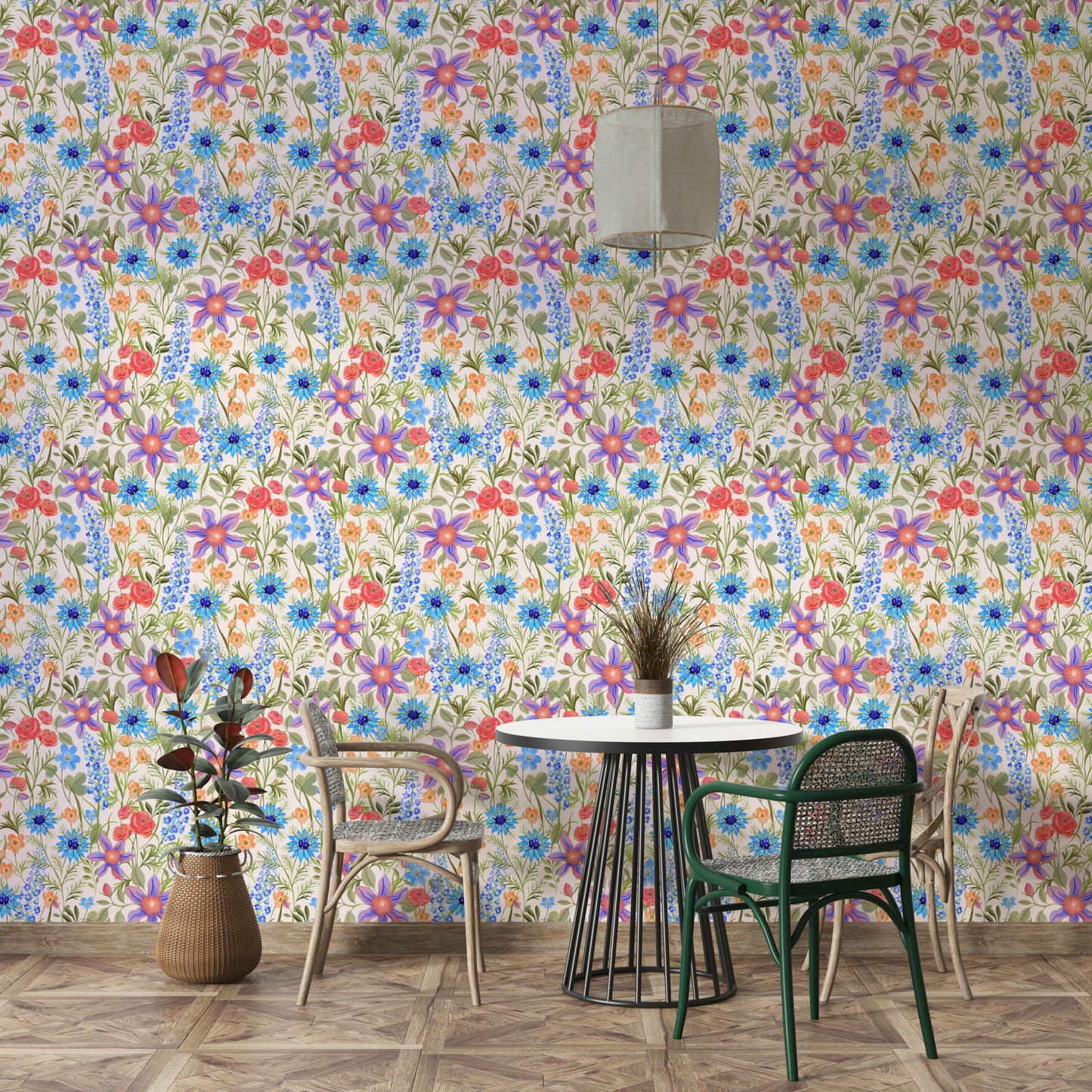 Vintage botanical wallpaper featuring ranunculus

