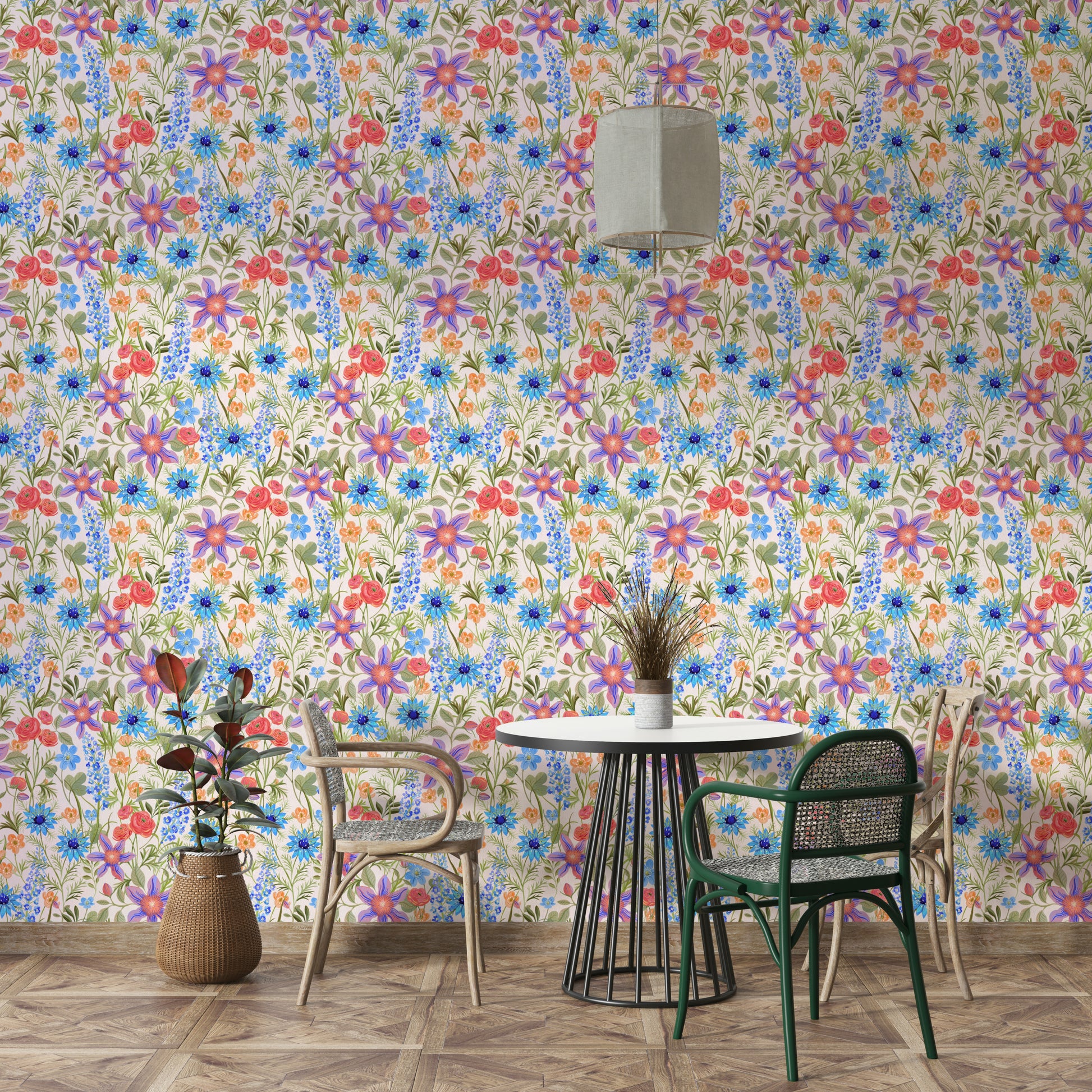 Vintage botanical wallpaper featuring ranunculus

