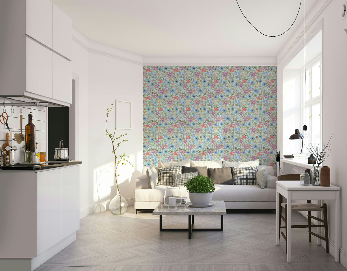 Blue floral wallpaper featuring ranunculus blooms

