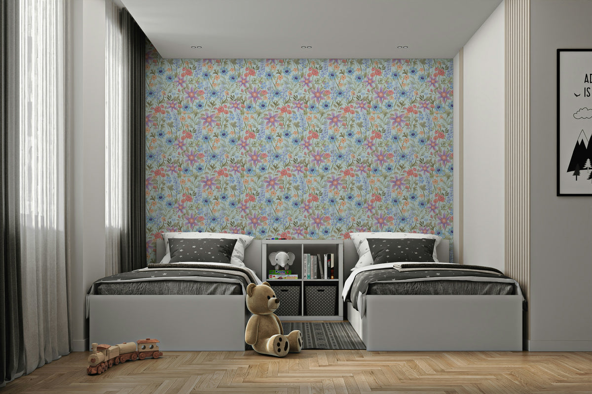 Retro floral design on soft sky blue background

