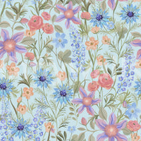 Ranunculaceae Retro Sky wallpaper close-up showing coral, purple and blue retro florals on a sky-blue background