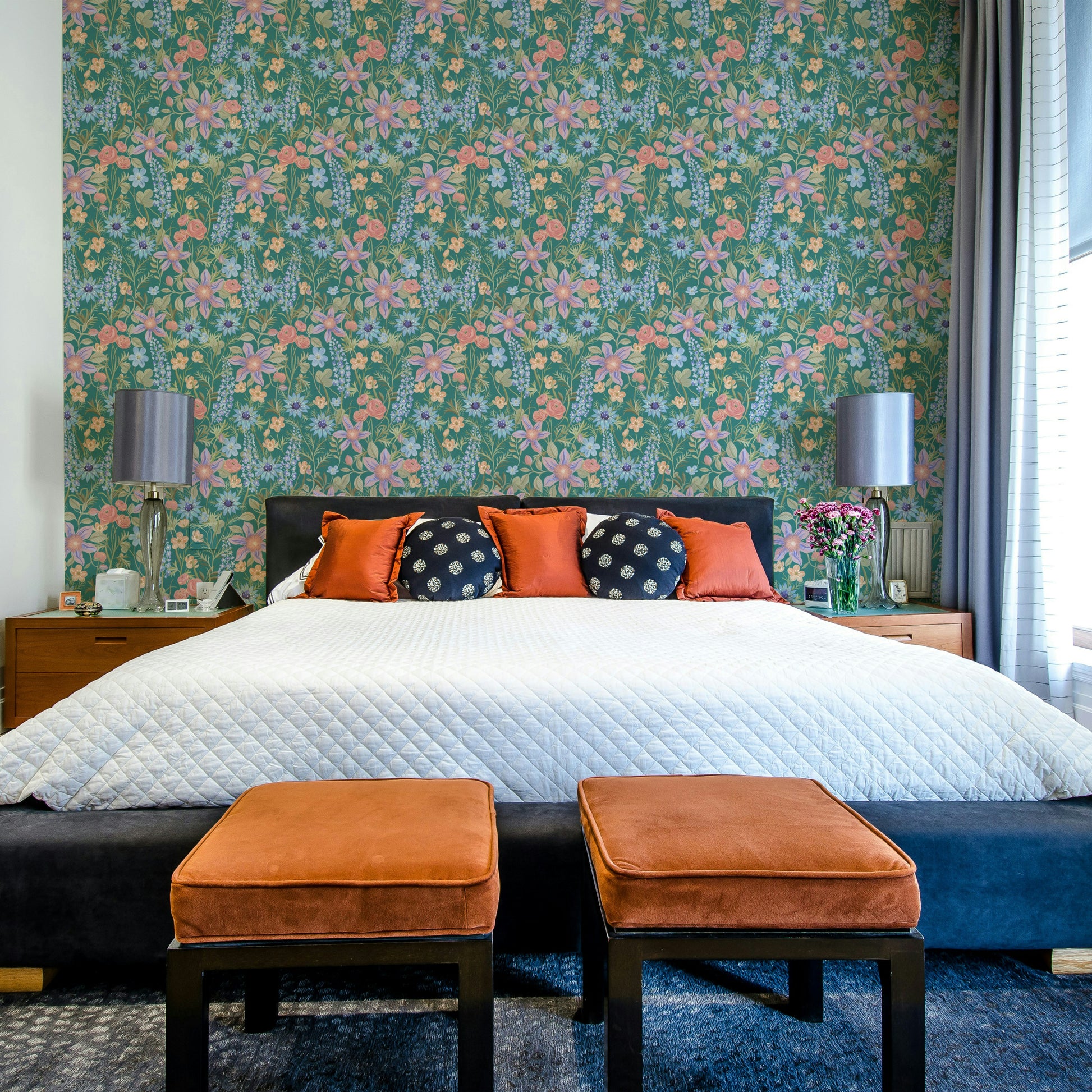 Vintage botanical wallpaper in retro teal palette

