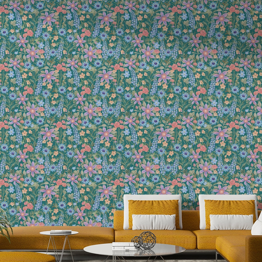 Teal wallpaper with ranunculaceae botanical motif


