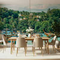 Amsterdam Twilight wall mural featuring waterfront glow, balanced nature look, and tree wallpaper touches
