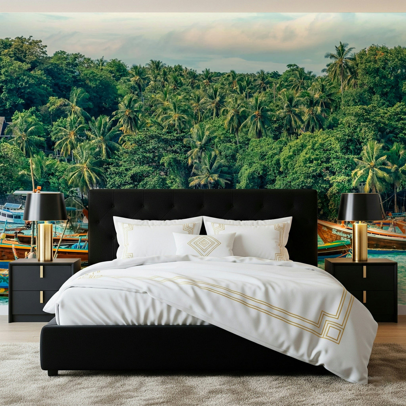 Amsterdam Twilight wall mural with canal lights, nature tones, subtle green wallpaper accents