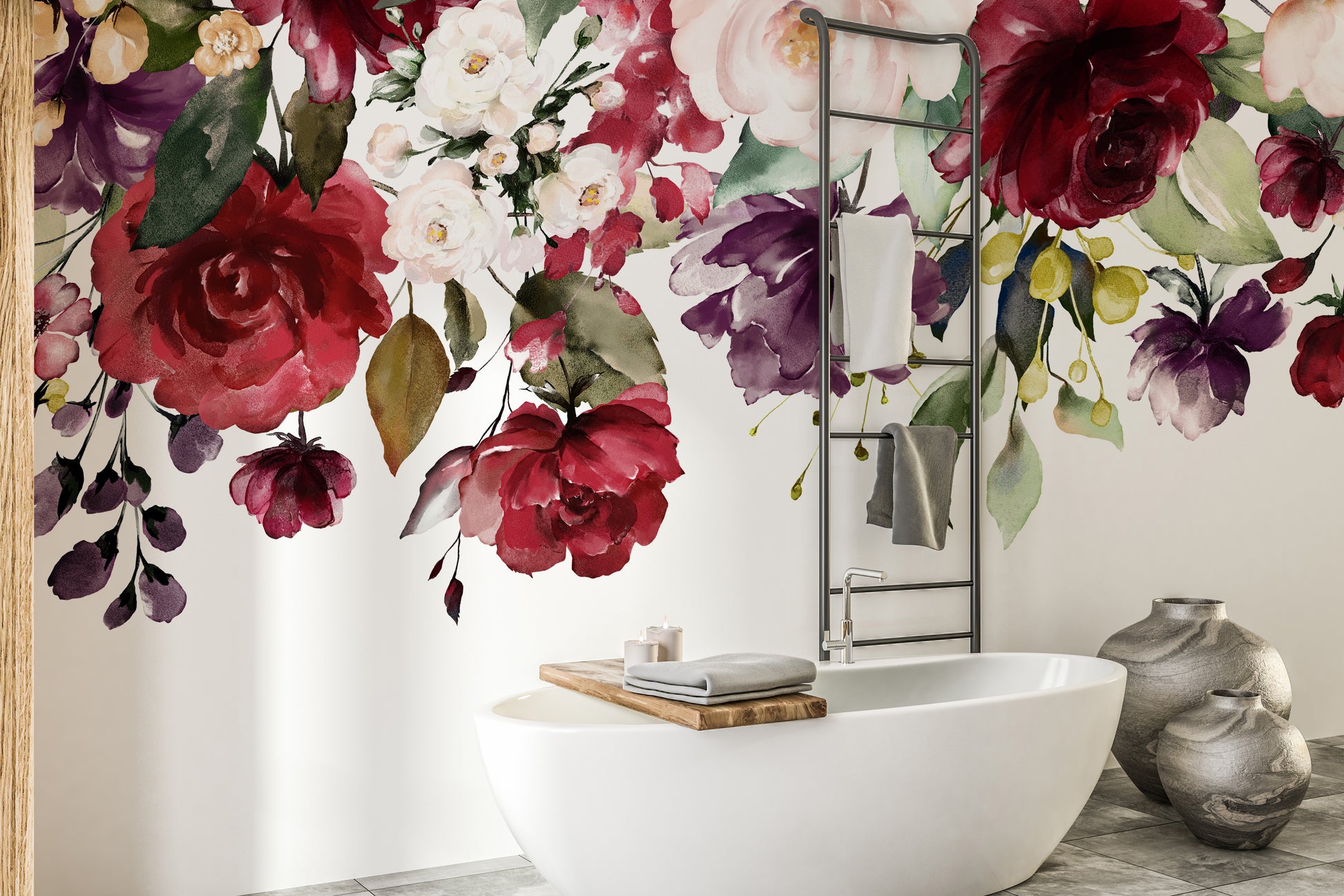 Red and Pink Floral wallpaper mural of roses cascading above a white bathtub in a bathroom