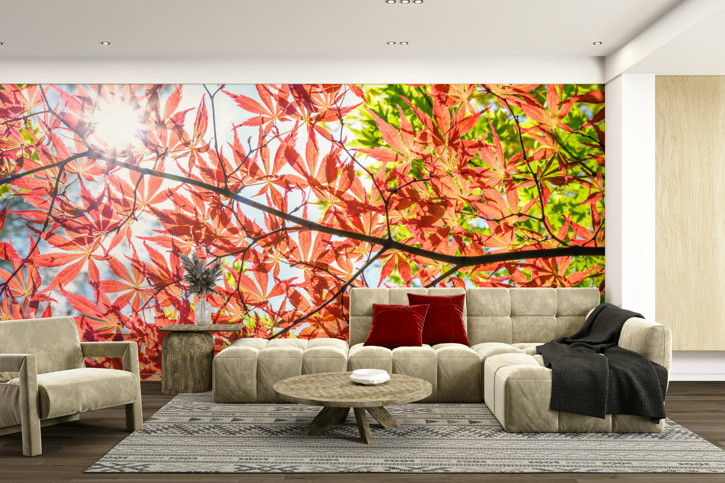 The wall art combines a nature theme with bright colors.

