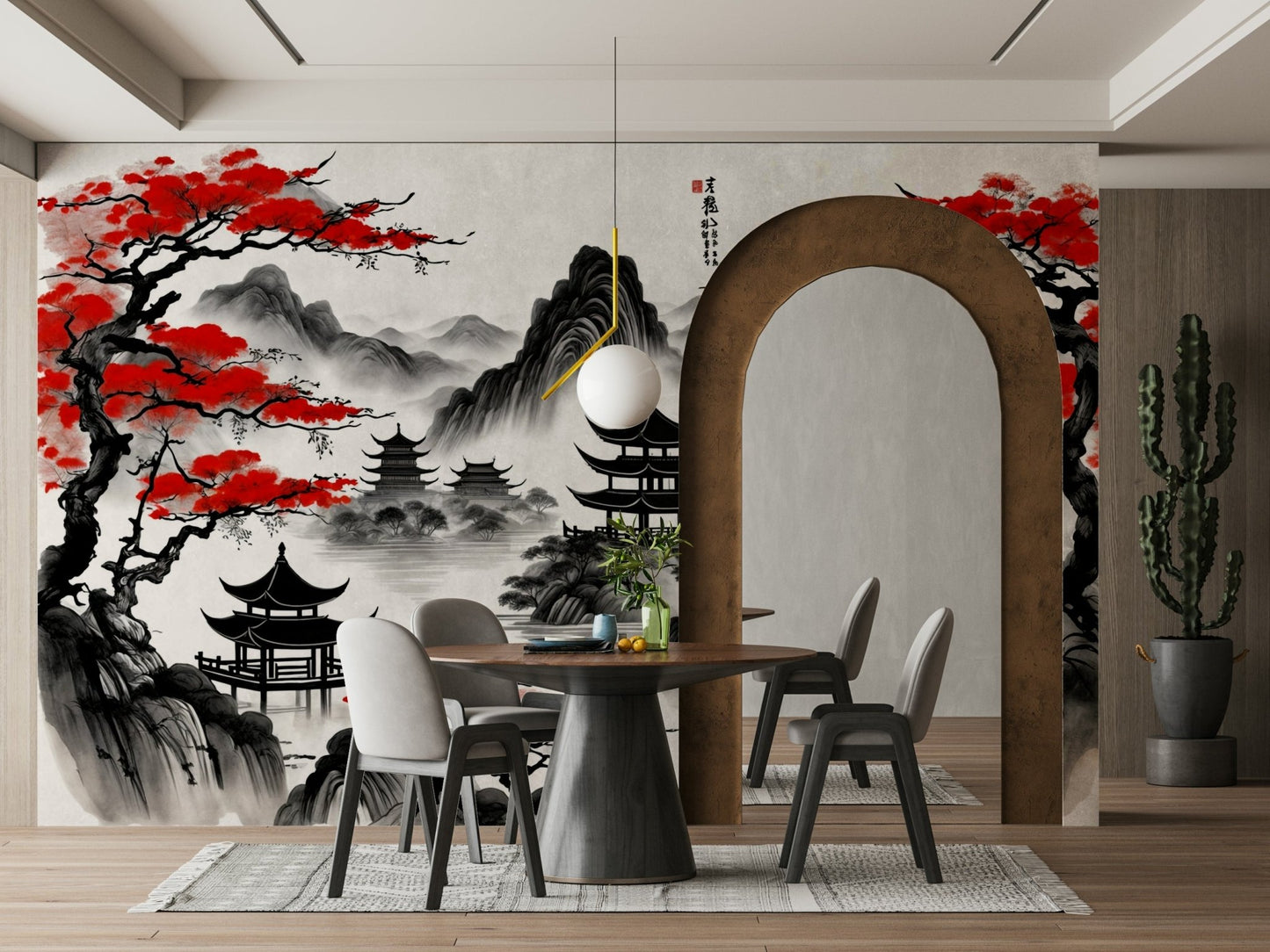 The colors are soft, muted tones of red, black, and white.

