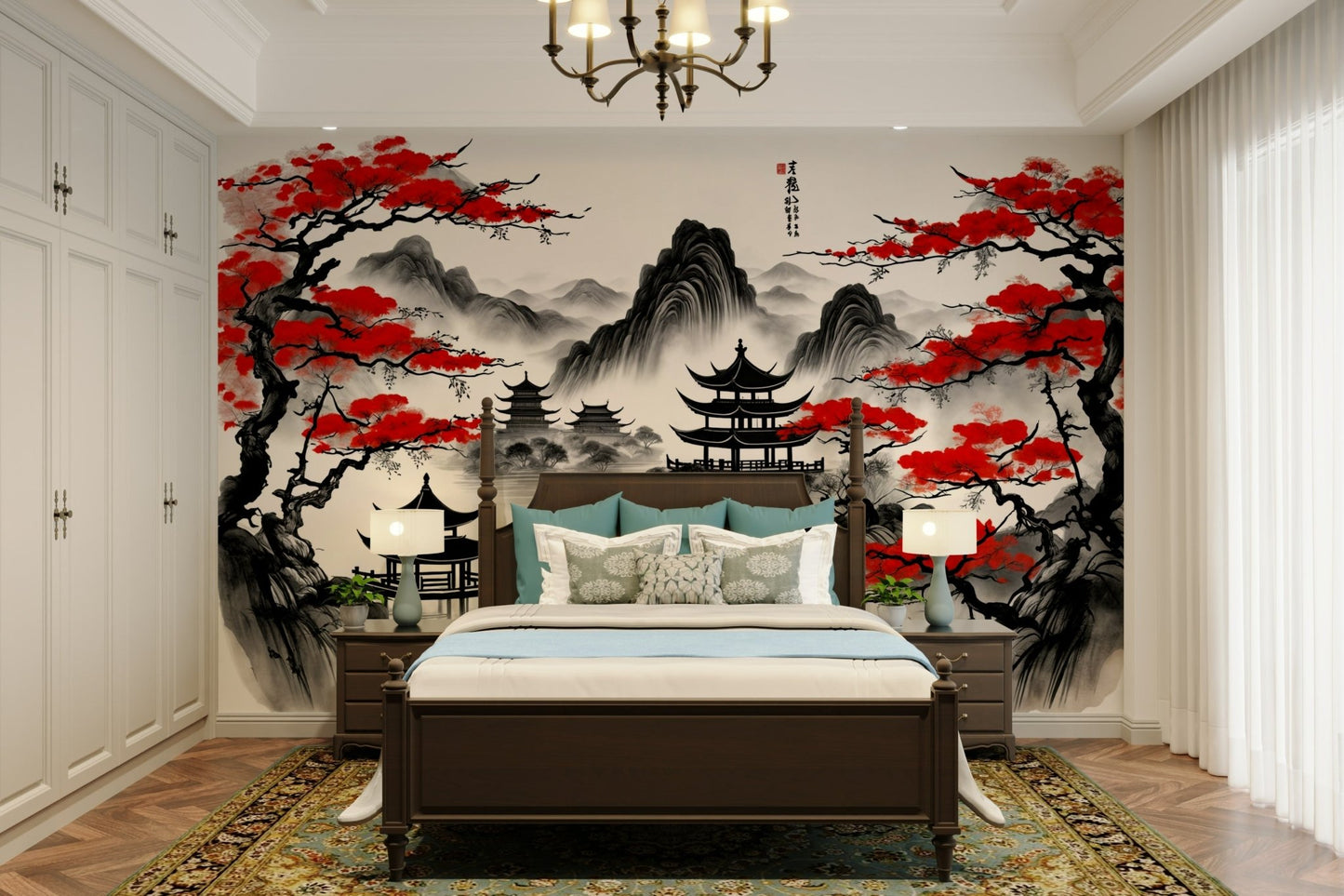 The image shows an artistic impression of a serene scene with a pagoda and blossoms.

