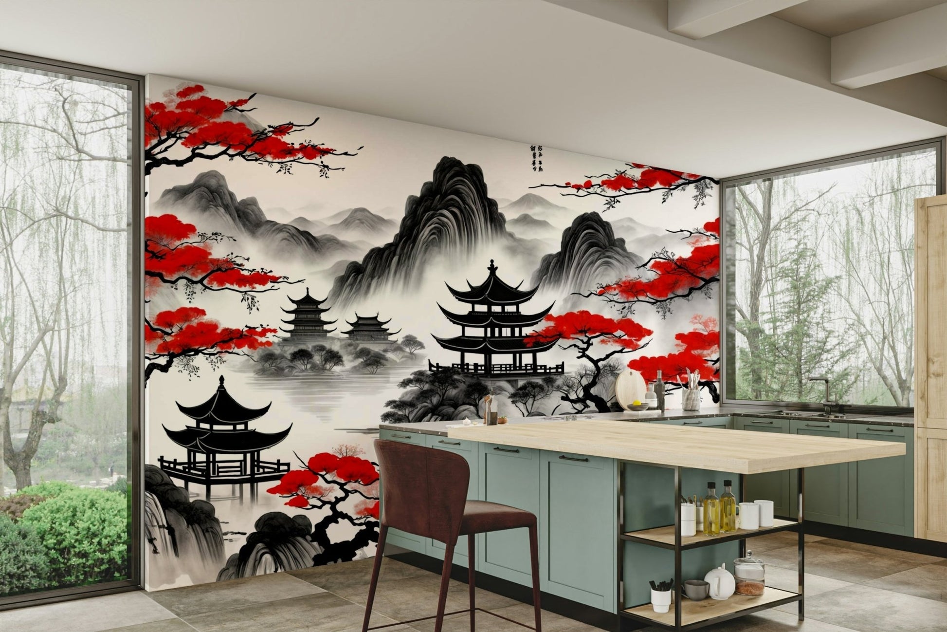 A wall mural of a pagoda with floral elements.

